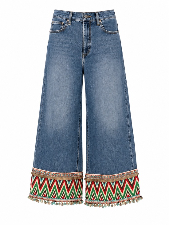 Alice + Olivia Denim - Alice + Olivia Beta Wide Leg Embroidered Gaucho Denim Jeans Size 26